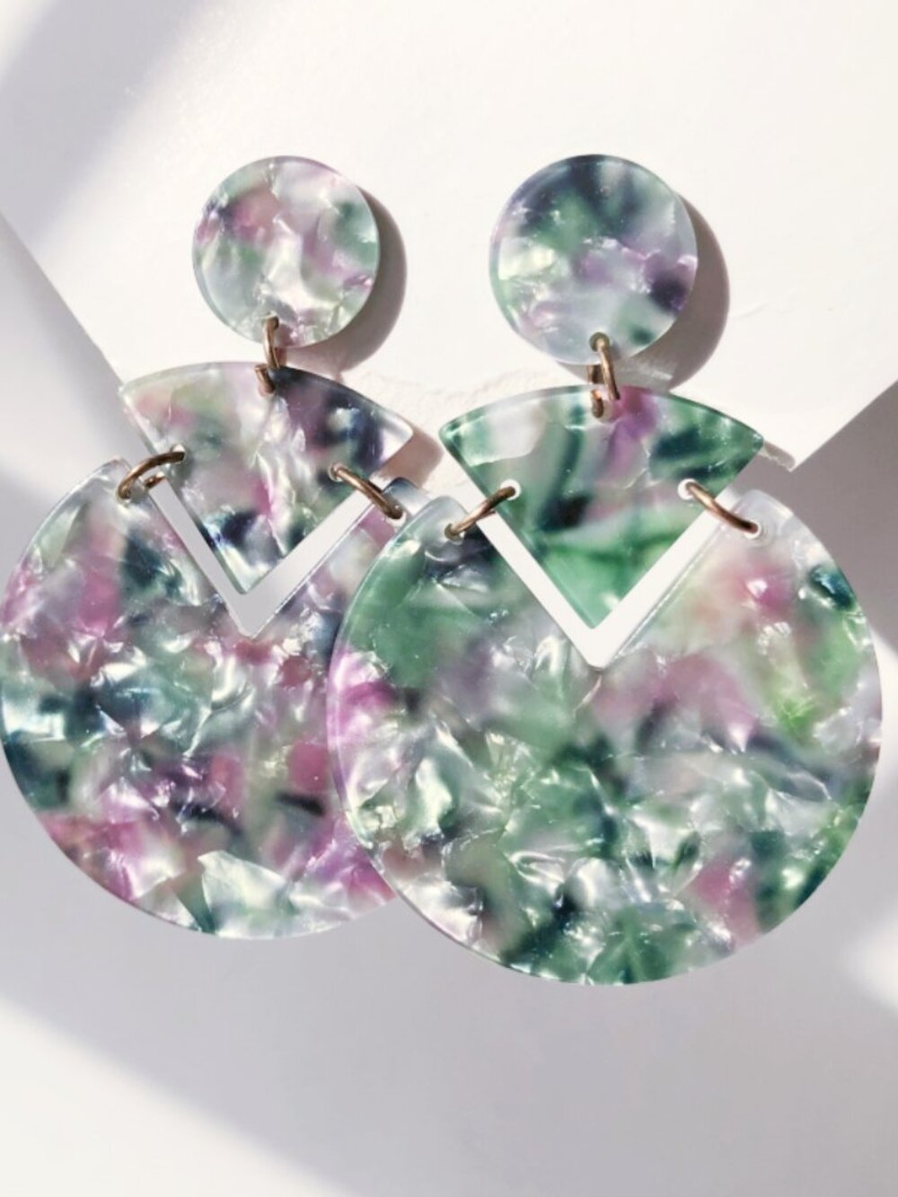 Geometric Pie Cut Confetti Acetate Earrings Deep Green Silver Multicolor